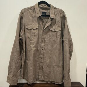 Prana men’s XL Tan brown long sleeve button down collared shirt white details